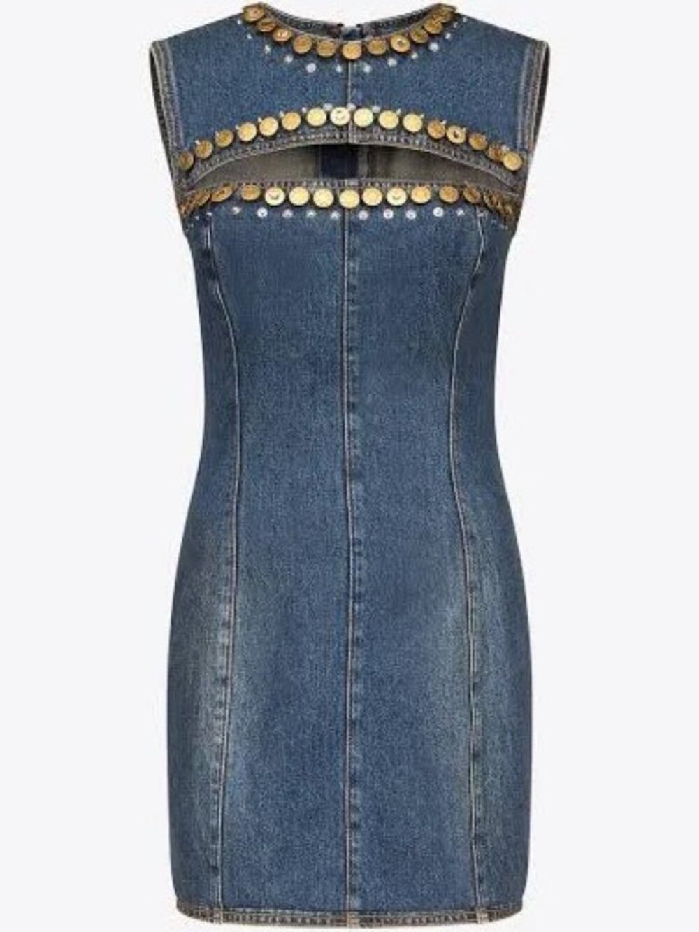 AREA Dark Blue Denim Mini Dress with Gold Jewel Trim